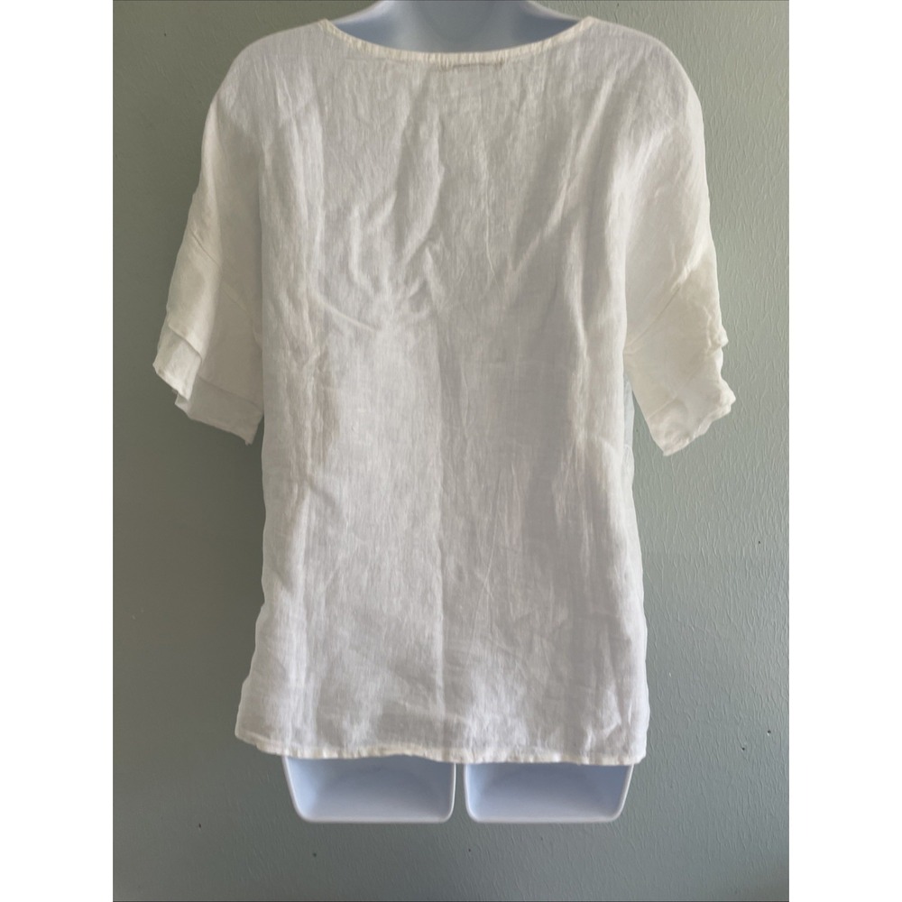 VALENTINA NALDI Made in Italy White 100% Linen Embroidered Ruffle Sleeve Top S - Picture 5 of 6
